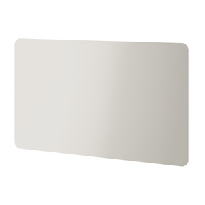 Modern rectangular LED bathroom mirror with rounded corners in light grey finish, displayed at an angle against a white background