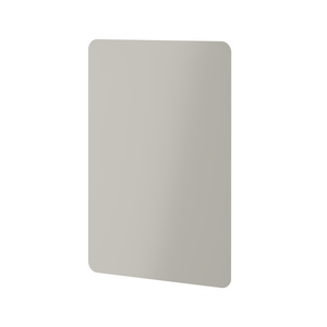 Gray rectangular LED bathroom mirror with rounded corners displayed at an angle against white background