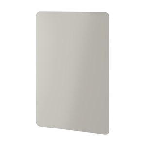 Aqualla Glow LED bathroom mirror with rounded corners in silver grey finish displayed at an angle showing rectangular shape
