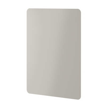 Aqualla Glow LED bathroom mirror with rounded corners in silver grey finish displayed at an angle showing rectangular shape