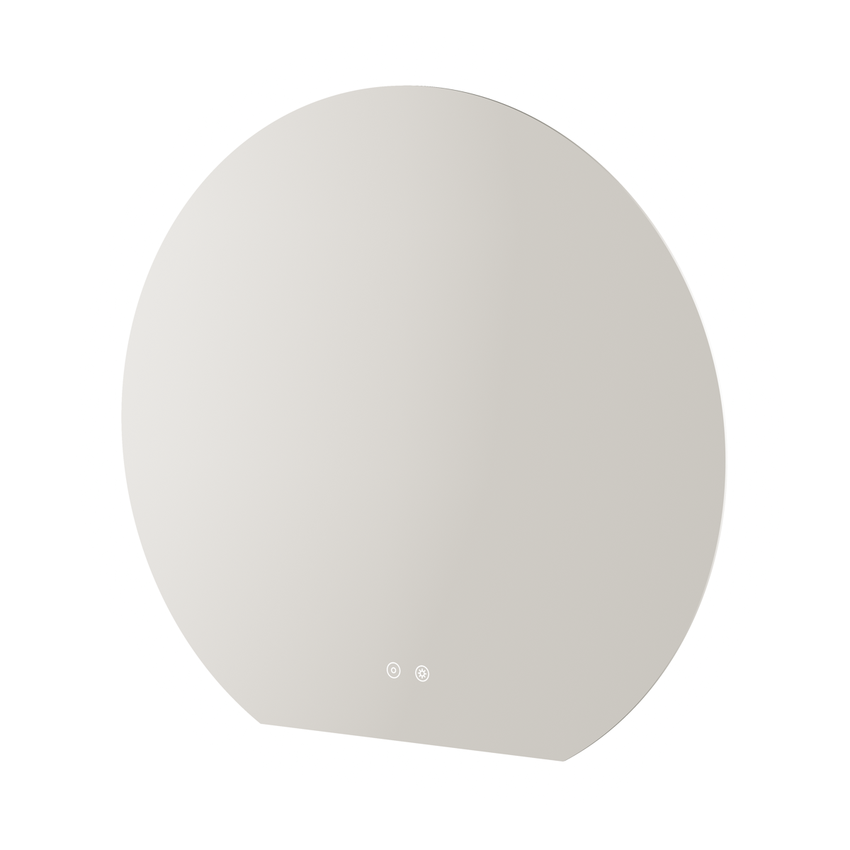 Horizon LED bathroom mirror with oval shape and soft grey finish, featuring integrated touch controls at the base, available in sizes 800x746mm and 1200x1120mm
