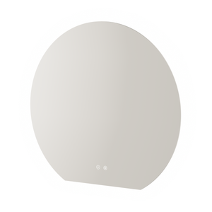 Horizon LED bathroom mirror with oval shape and soft grey finish, featuring integrated touch controls at the base, available in sizes 800x746mm and 1200x1120mm
