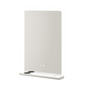 Aqualla Linea Charge LED bathroom mirror with integrated lighting, featuring a rectangular beige frame with white base stand and touch control buttons, available in 500x700mm and 800x700mm sizes