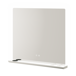 Aqualla Linea Charge LED bathroom mirror with matte white frame and integrated shelf, featuring touch-activated LED controls and built-in charging ports, modern minimalist design in 500x700mm or 800x700mm size options