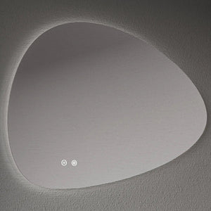 Aqualla Pebble LED bathroom mirror with organic rounded shape, 800x555mm, featuring integrated LED lighting around the perimeter and touch control icons, mounted on textured grey wall