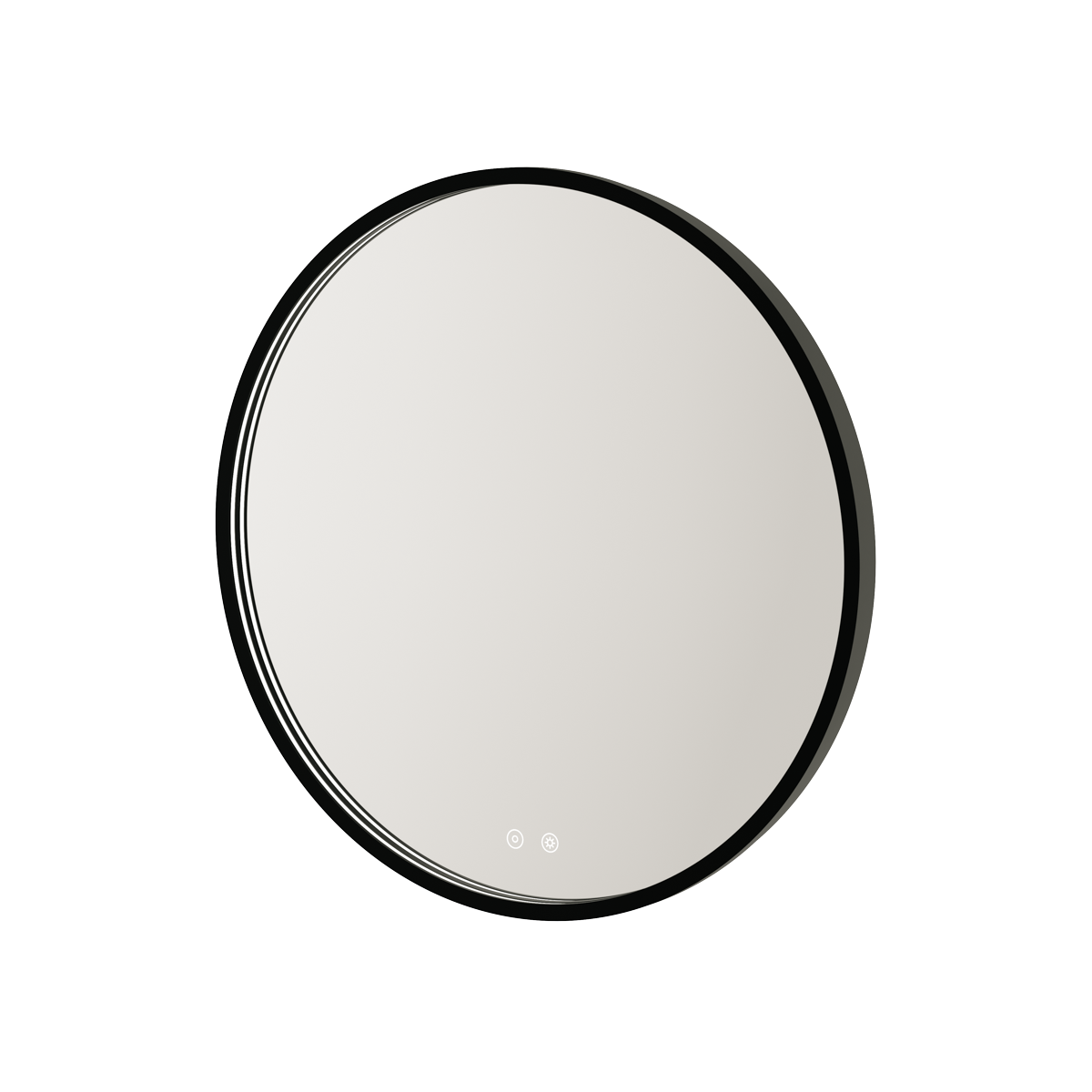 Aqualla Solaris oval LED bathroom mirror with black frame and integrated LED lighting controls shown in product display view