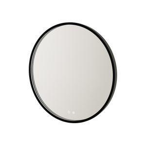 Aqualla Solaris oval LED bathroom mirror with black frame and integrated LED lighting controls shown in product display view