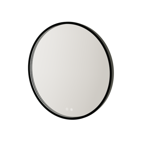 Aqualla Solaris oval LED bathroom mirror with black frame and integrated LED lighting controls shown in product display view