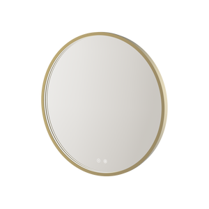 Aqualla Solaris LED bathroom mirror with brushed brass frame in oval shape featuring integrated LED lights and touch controls