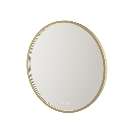 Aqualla Solaris LED bathroom mirror with brushed brass frame in oval shape featuring integrated LED lights and touch controls