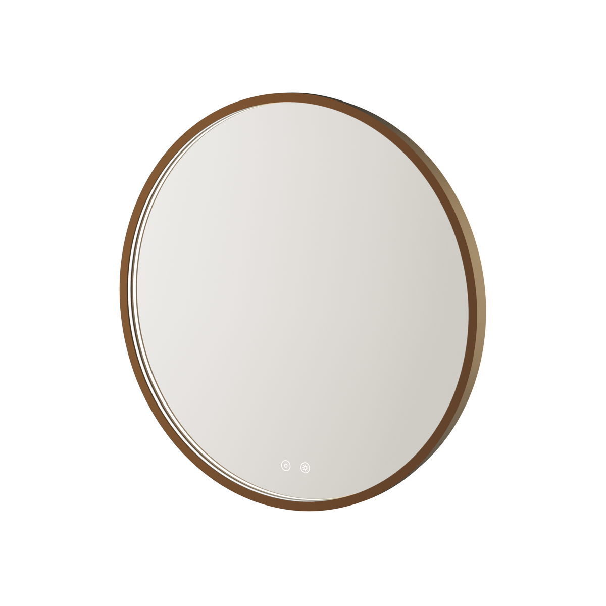 Aqualla Solaris LED bathroom mirror with oval shape and brushed bronze frame, featuring integrated LED controls at base, available in 700mm and 900mm sizes