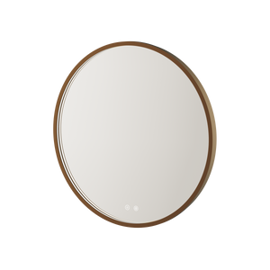 Aqualla Solaris LED bathroom mirror with oval shape and brushed bronze frame, featuring integrated LED controls at base, available in 700mm and 900mm sizes