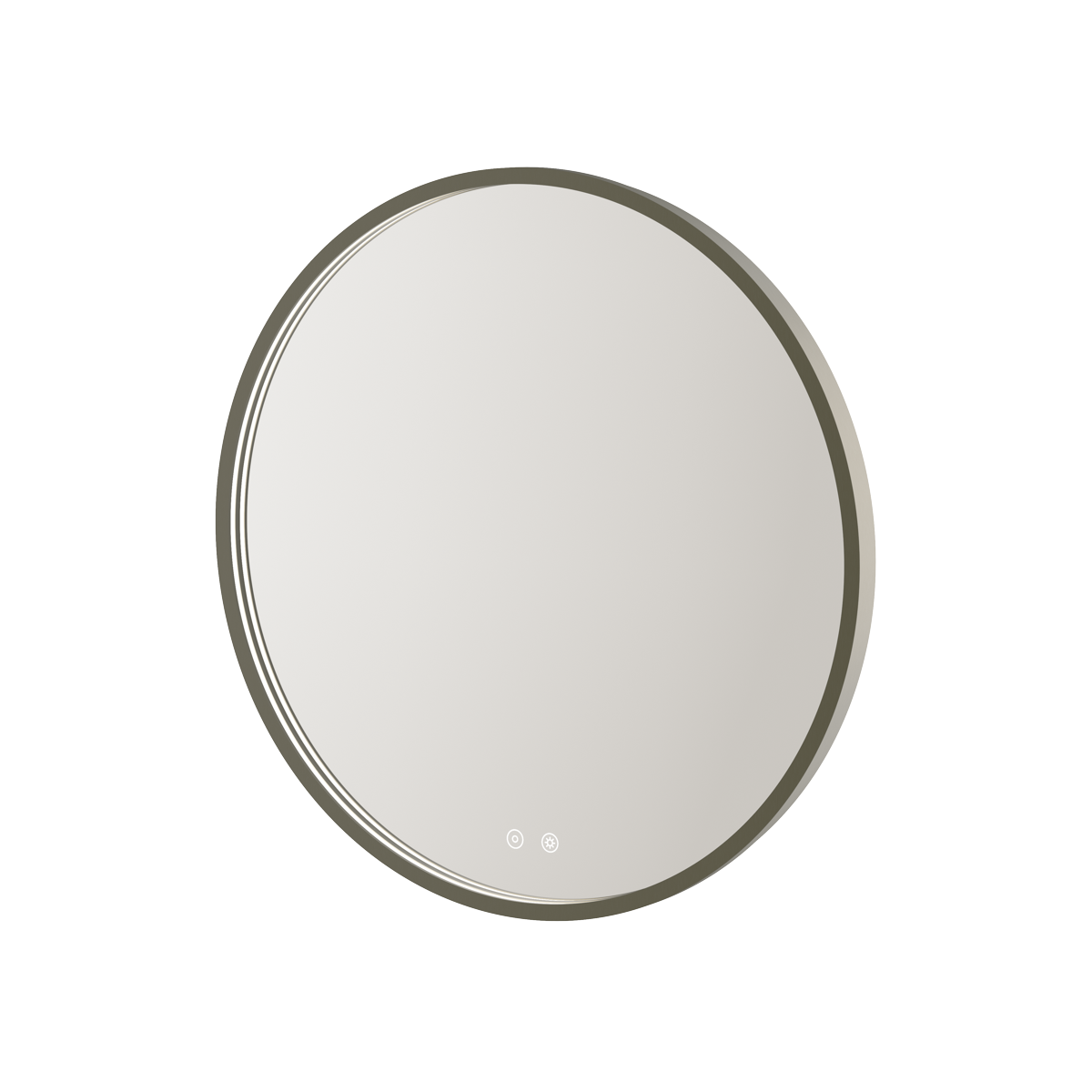 Aqualla Solaris oval LED bathroom mirror with gunmetal grey frame featuring integrated touch controls and soft lighting
