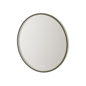 Aqualla Solaris oval LED bathroom mirror with gunmetal grey frame featuring integrated touch controls and soft lighting