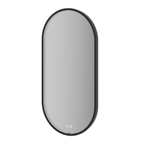 Aqualla Solaris Pill LED bathroom mirror with black frame, oval shape, 500x1000mm, featuring integrated LED lights and touch controls at bottom
