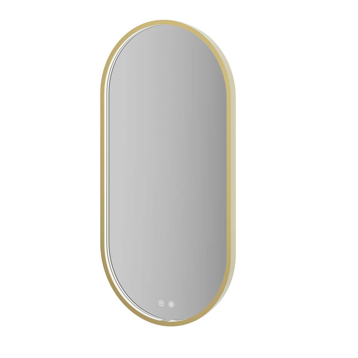 Aqualla Solaris Pill LED bathroom mirror with brushed brass frame, 500 x 1000mm oval shape, featuring integrated LED lights and touch controls at base