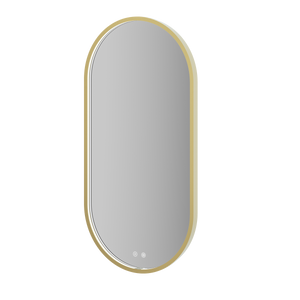Aqualla Solaris Pill LED bathroom mirror with brushed brass frame, 500 x 1000mm oval shape, featuring integrated LED lights and touch controls at base