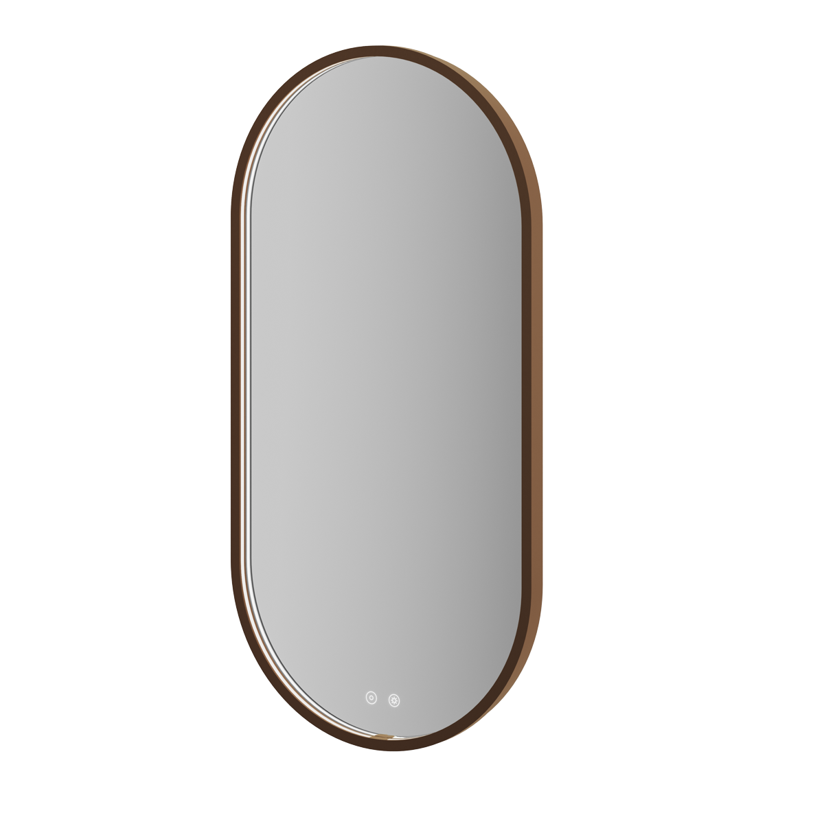 Aqualla Solaris Pill LED bathroom mirror with brushed bronze frame, oval shape, 500 x 1000mm, featuring integrated LED controls at base