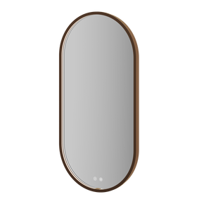 Aqualla Solaris Pill LED bathroom mirror with brushed bronze frame, oval shape, 500 x 1000mm, featuring integrated LED controls at base