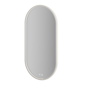 Aqualla Solaris Pill LED bathroom mirror 500 x 1000mm in brushed nickel finish with oval shape and touch controls at base