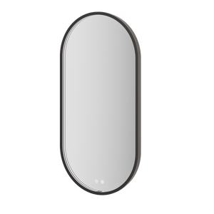Aqualla Solaris Pill LED bathroom mirror with black frame, vertical oval shape, 500x1000mm, featuring integrated LED lights at the bottom, modern minimalist design against white background