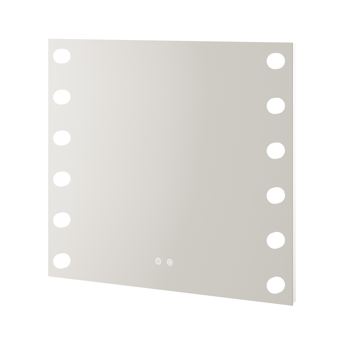 Aqualla Studio LED bathroom mirror 800x700mm with white circular LED lights around the frame, grey reflective surface, and touch controls at the bottom center