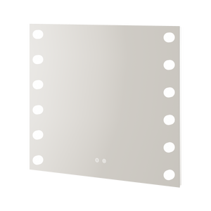 Aqualla Studio LED bathroom mirror 800x700mm with white circular LED lights around the frame, grey reflective surface, and touch controls at the bottom center