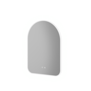 Modern white framed arch-shaped LED bathroom mirror with rounded top, featuring two touch control buttons on the reflective surface, measuring 500x700mm or 600x800mm