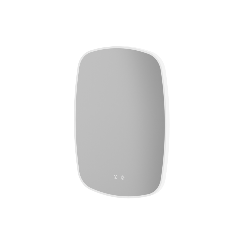 Aqualla Trace LED bathroom mirror with white frame and rounded corners, featuring integrated LED lighting controls at base, modern minimalist design suitable for contemporary bathrooms