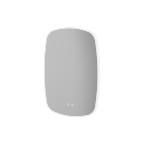 Aqualla Trace LED bathroom mirror with white frame and rounded corners, featuring integrated LED lighting controls at base, modern minimalist design suitable for contemporary bathrooms
