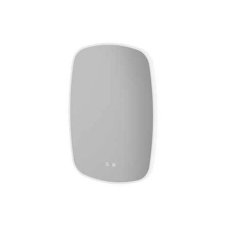Aqualla Trace LED bathroom mirror with white frame and rounded corners, featuring integrated LED lighting controls at base, modern minimalist design suitable for contemporary bathrooms