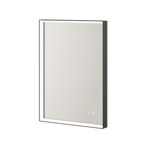 Modern rectangular LED bathroom mirror with dark frame and illuminated glass surface featuring touch controls at bottom, shown in portrait orientation