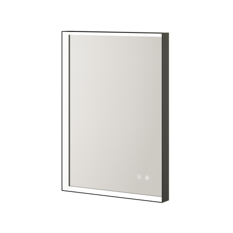 Modern rectangular LED bathroom mirror with dark frame and illuminated glass surface featuring touch controls at bottom, shown in portrait orientation