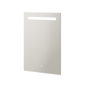 Aqualla Zen LED bathroom mirror with integrated lighting, rectangular design in grey-beige finish, featuring horizontal LED strip at top and touch control button at bottom, 500x700mm or 600x800mm size options