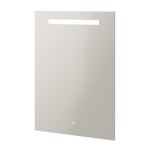 Aqualla Zen LED bathroom mirror with integrated lighting, featuring a sleek grey frame with white illuminated top strip and circular LED control button at bottom center, rectangular portrait orientation design