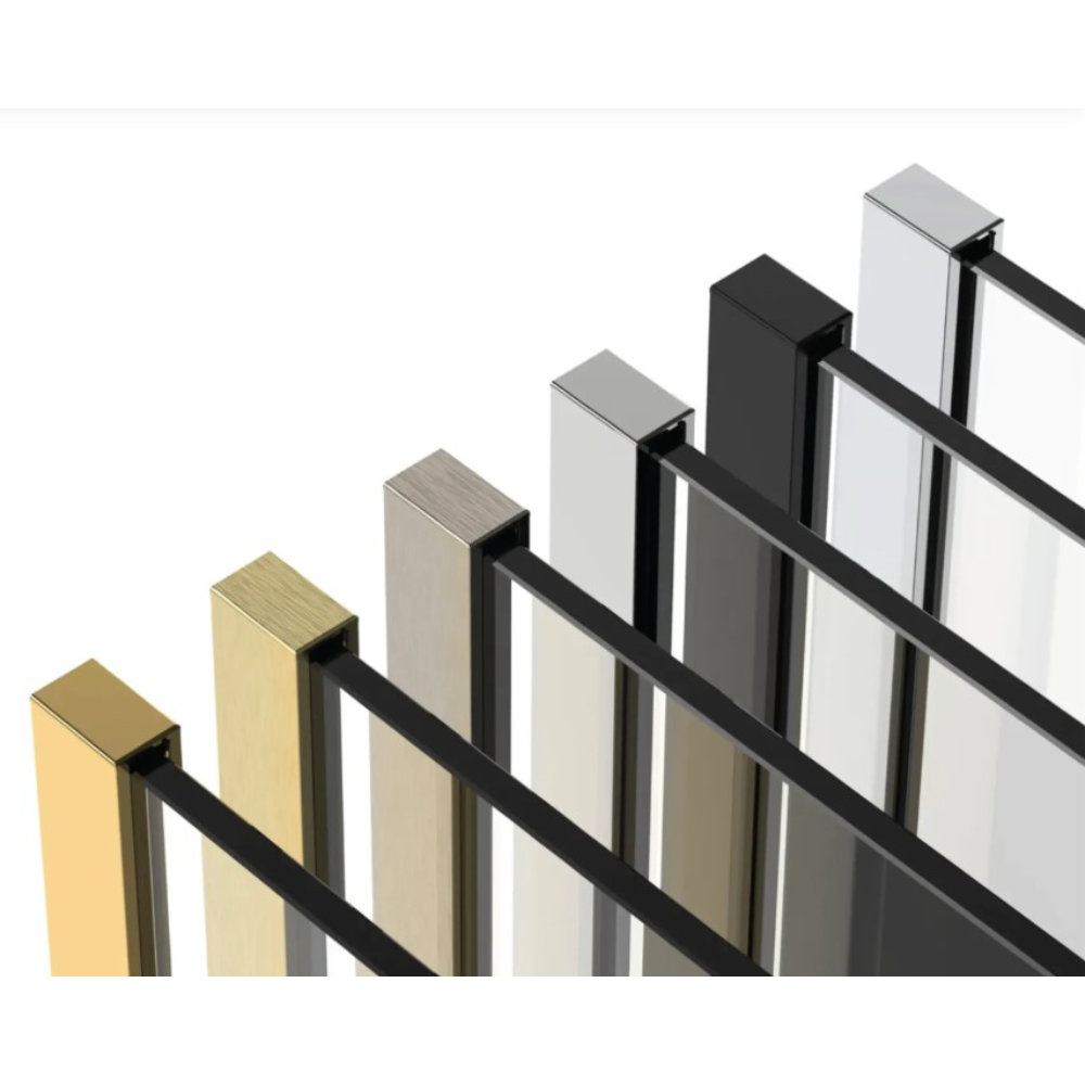 Flair AYO 8mm wetroom panels displayed in a row showing finish options including brushed brass, cream, brushed nickel, matte black, stainless steel and white with black frame profiles in isometric view