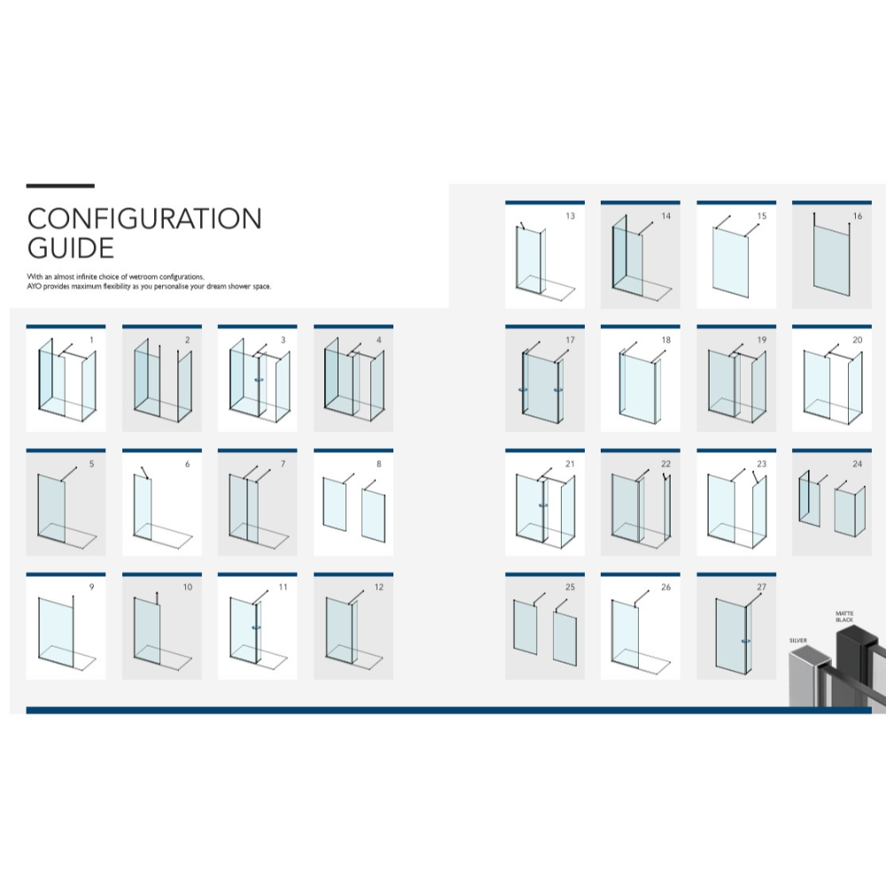 Configuration guide showing 27 different shower enclosure layouts for Flair AYO 8mm wetroom panels in chrome, matte black and silver finishes, displaying various corner, straight and angled panel arrangements from 300mm to 1600mm widths