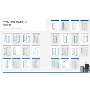 Configuration guide showing 27 different shower enclosure layouts for Flair AYO 8mm wetroom panels in chrome, matte black and silver finishes, displaying various corner, straight and angled panel arrangements from 300mm to 1600mm widths