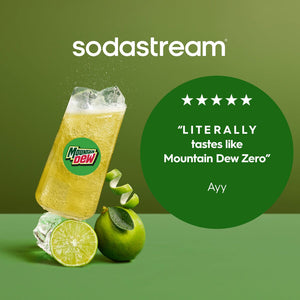 SodaStream Mountain Dew Diet lemon-lime flavored beverage in a tall glass with ice, surrounded by fresh lime slices and a whole green apple on a gradient green background, with five-star review quote and product branding
