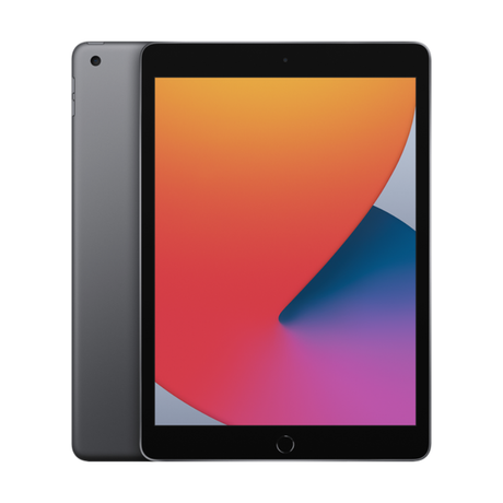Apple iPad 8th Generation Wi-Fi 128GB in Space Gray showing colorful gradient wallpaper on display, front and back view of tablet device