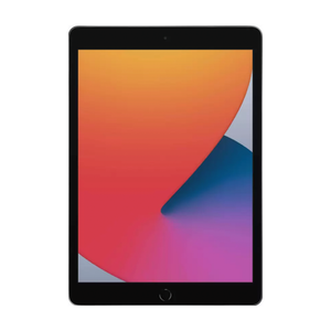 Apple iPad 8th Generation WiFi 128GB in Space Gray displaying colorful gradient wallpaper with orange, red, pink, and blue tones on screen, front view on white background