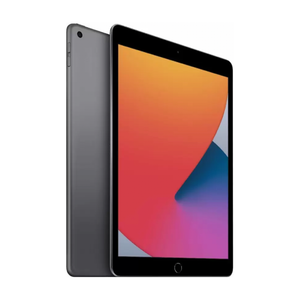 Apple iPad 8th Generation Wi-Fi 128GB in Space Gray shown from front and back angles displaying colorful wallpaper on screen