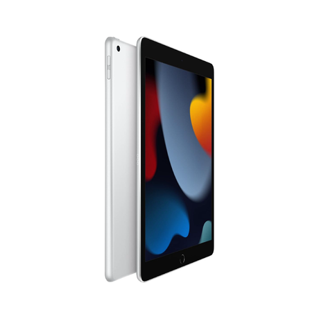 Apple iPad 9th Generation WiFi 64GB in Silver showing front and back view with colorful abstract wallpaper display and home button visible
