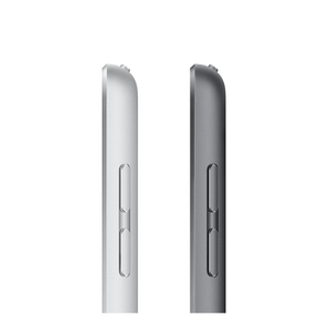 Side view of Apple iPad 9th generation in Silver and Space Gray showing thin profile with volume buttons and muted speaker grilles