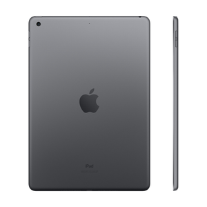Back and side view of Apple iPad 9th generation in space gray showing Apple logo and iPad text on silver aluminum chassis with camera lens visible on rear panel