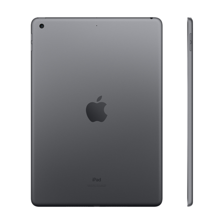 Back and side view of Apple iPad 9th generation in space gray showing Apple logo and iPad text on silver aluminum chassis with camera lens visible on rear panel