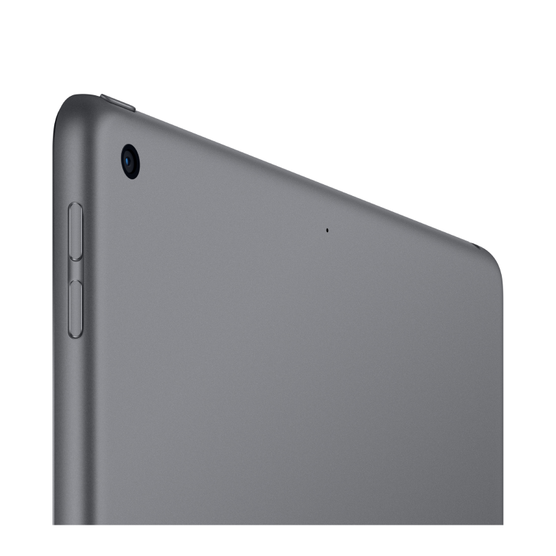 Close-up side view of Apple iPad 9th Generation WiFi 64GB in Space Gray showing the rear camera, volume buttons, and curved aluminum edges against a white background
