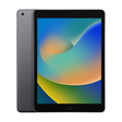 Apple iPad 9th Generation WiFi 64GB in Space Gray showing colorful abstract wallpaper on display with home button visible, front and side view of refurbished tablet