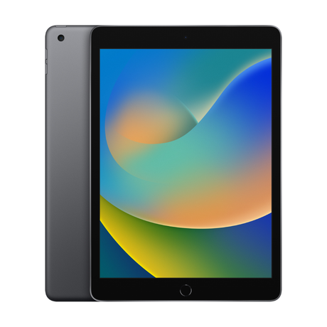 Apple iPad 9th Generation WiFi 64GB in Space Gray showing colorful abstract wallpaper on display with home button visible, front and side view of refurbished tablet