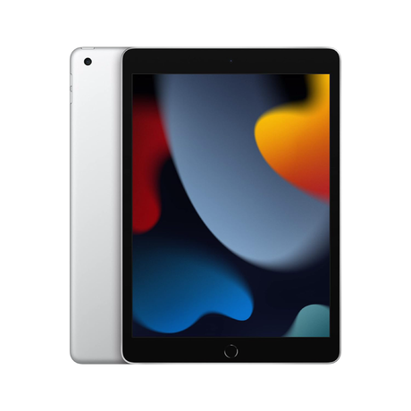 Apple iPad 9th generation WiFi 64GB in silver showing front display with colorful abstract wallpaper and rear aluminum back with camera lens visible